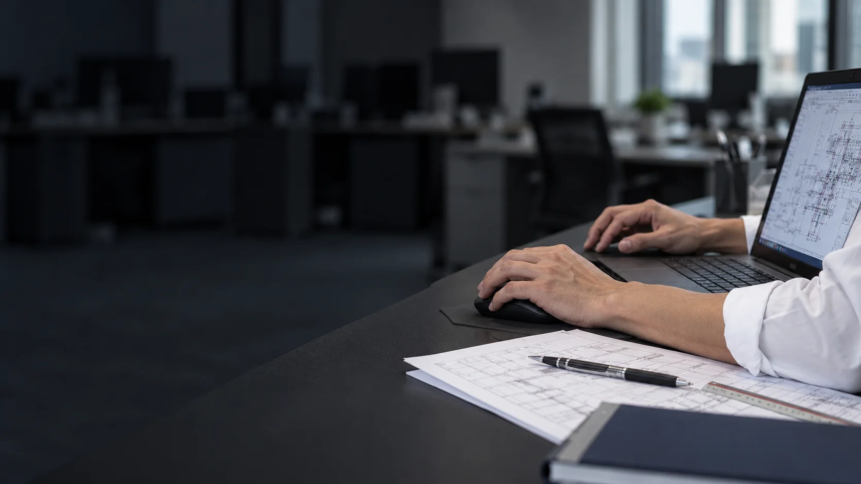 Hands working on a drawing and a computer; a concept photograph